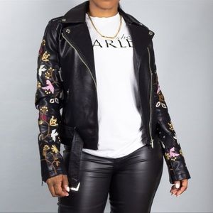 Floral Embroidered Faux Leather Jacket - Black Women's Size Large